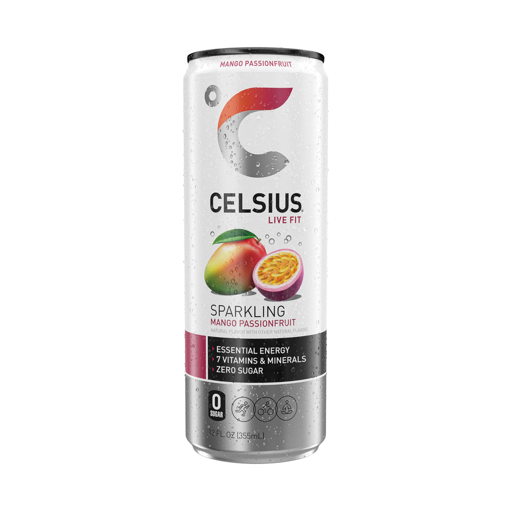 CELSIUS ingredients icons highlight green tea, guarana, and ginger for flavor and energy.