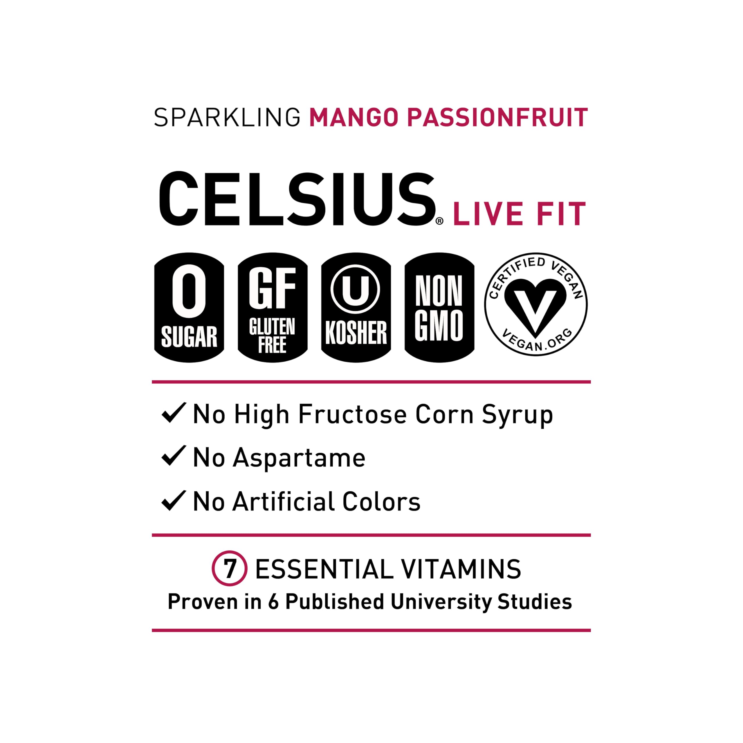 Nutrition label on CELSIUS Mango Passionfruit shows zero sugar and vitamins.