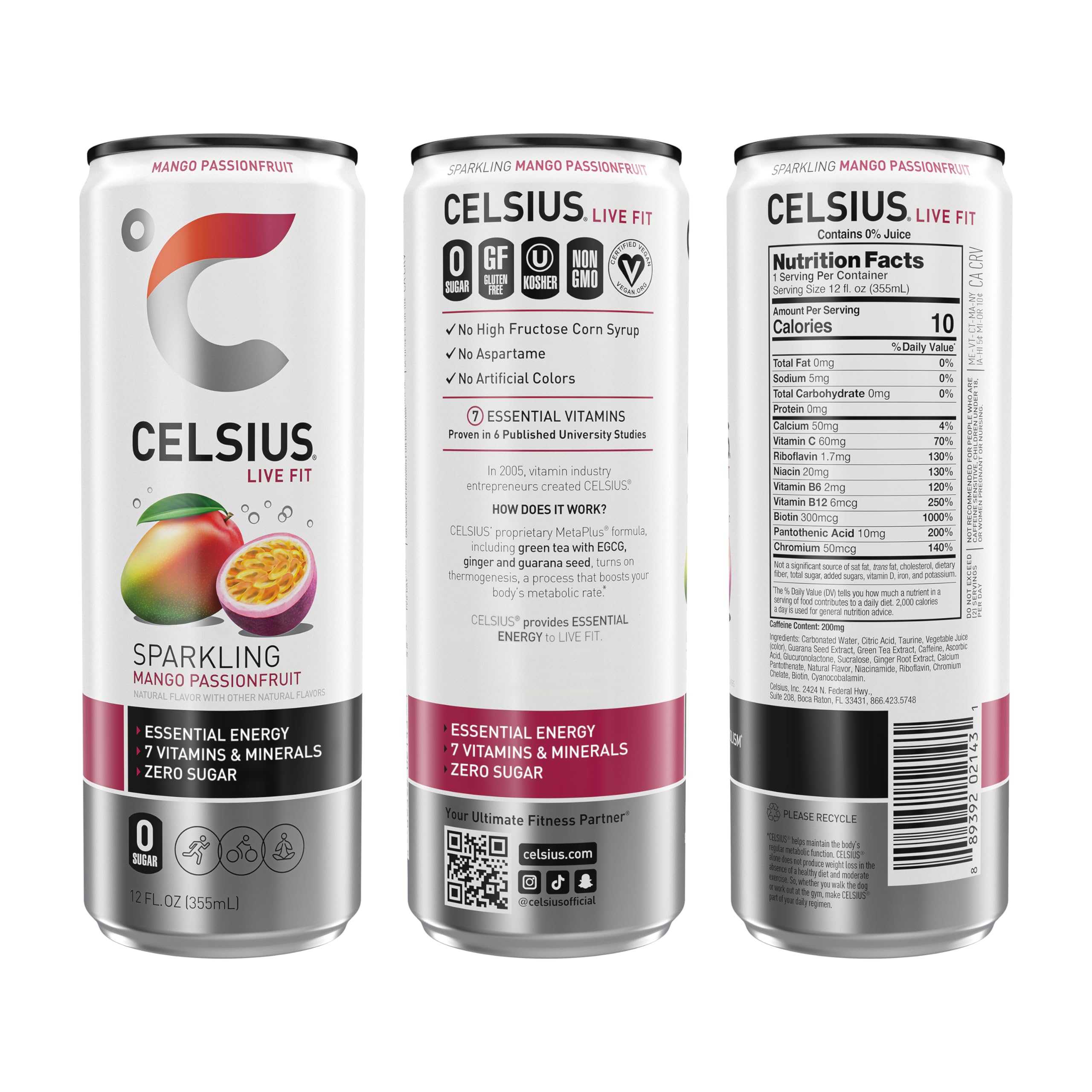 Pack of 12 CELSIUS Mango Passionfruit cans ready for workouts and daily routines.