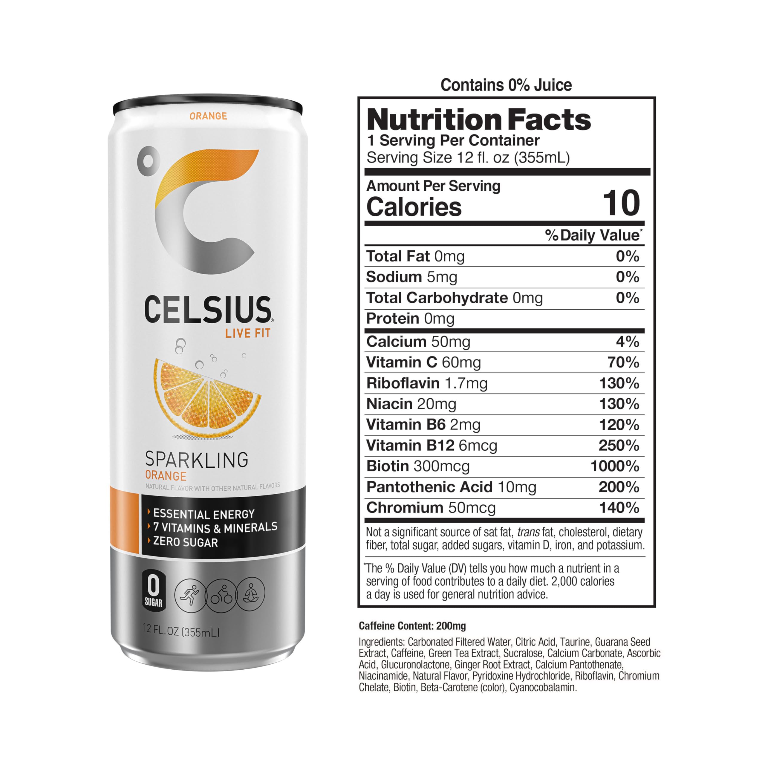 CELSIUS Sparkling Orange can angled view with vibrant color and compact packaging