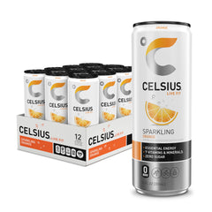 CELSIUS Sparkling Orange can front view showing crisp flavor and energy vibe