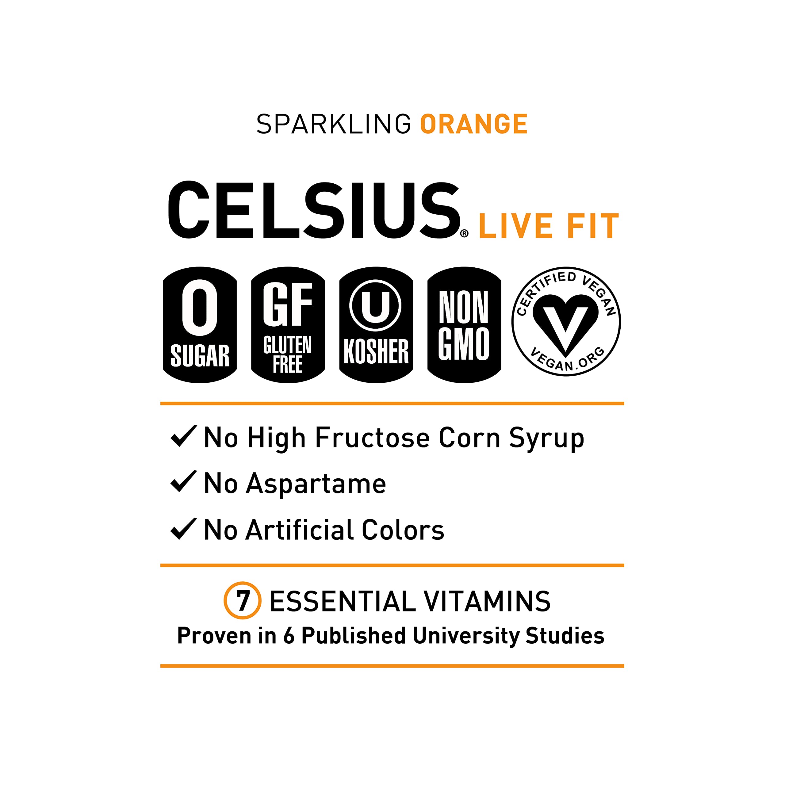 CELSIUS Sparkling Orange 12-pack box highlighting value and portability