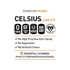CELSIUS Sparkling Orange 12-pack box highlighting value and portability