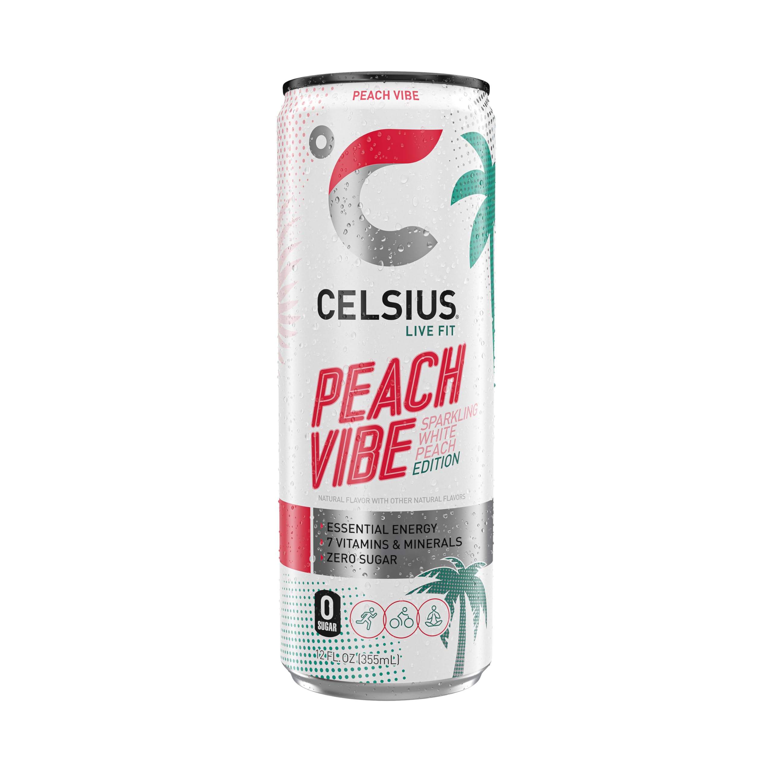CELSIUS Sparkling Peach Vibe bottle close-up noting vegan gluten-free non-GMO credentials