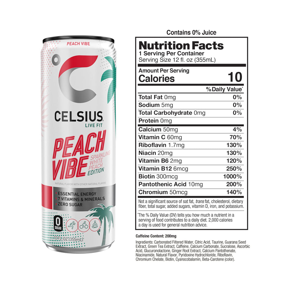 CELSIUS Sparkling Peach Vibe bubbles close-up showing refreshing natural flavor