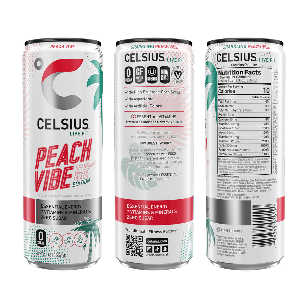 CELSIUS Sparkling Peach Vibe glass being poured with bold peach aroma and crisp bubbles