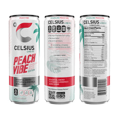 CELSIUS Sparkling Peach Vibe glass being poured with bold peach aroma and crisp bubbles