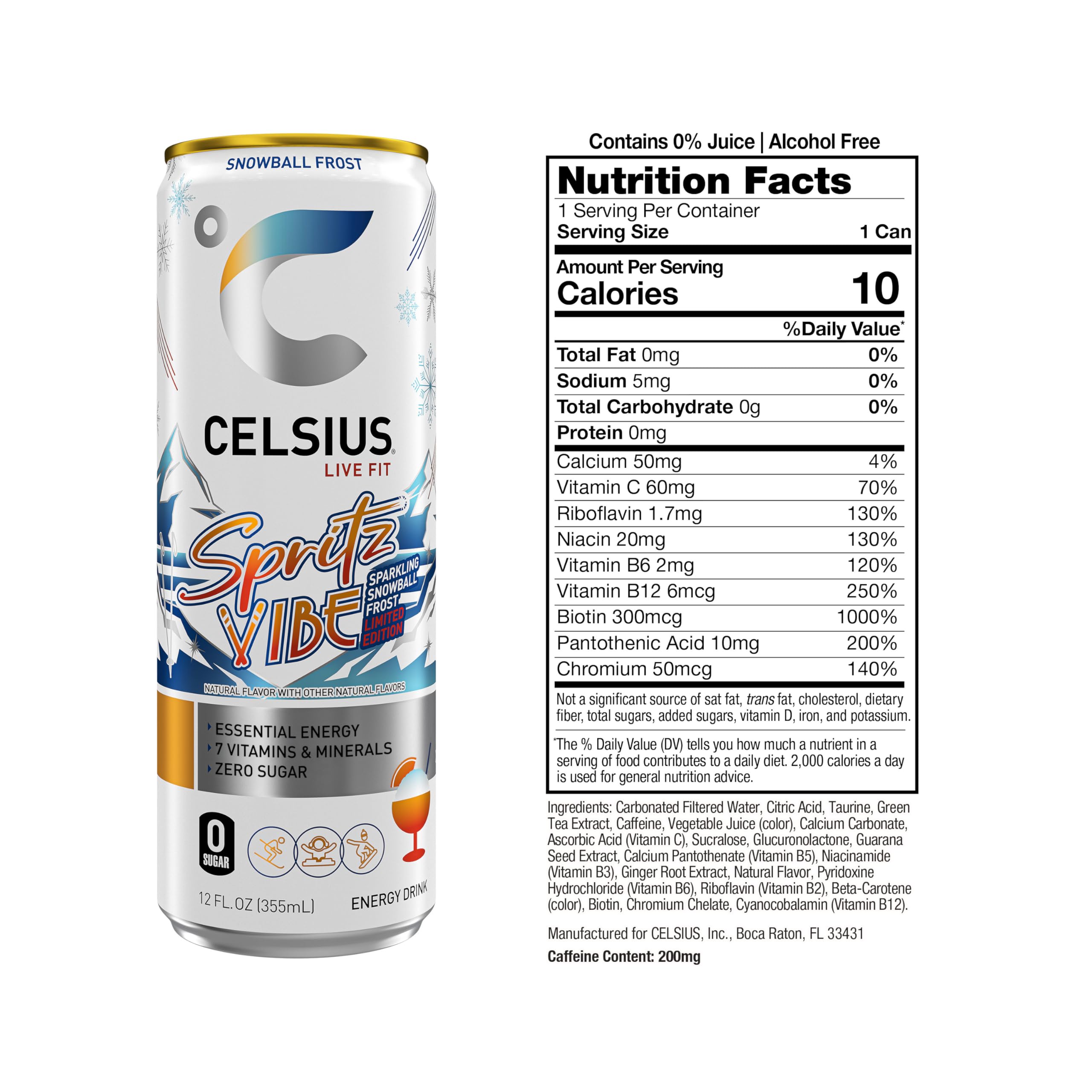 CELSIUS Sparkling Spritz Vibe back label, 200 mg caffeine for focus.