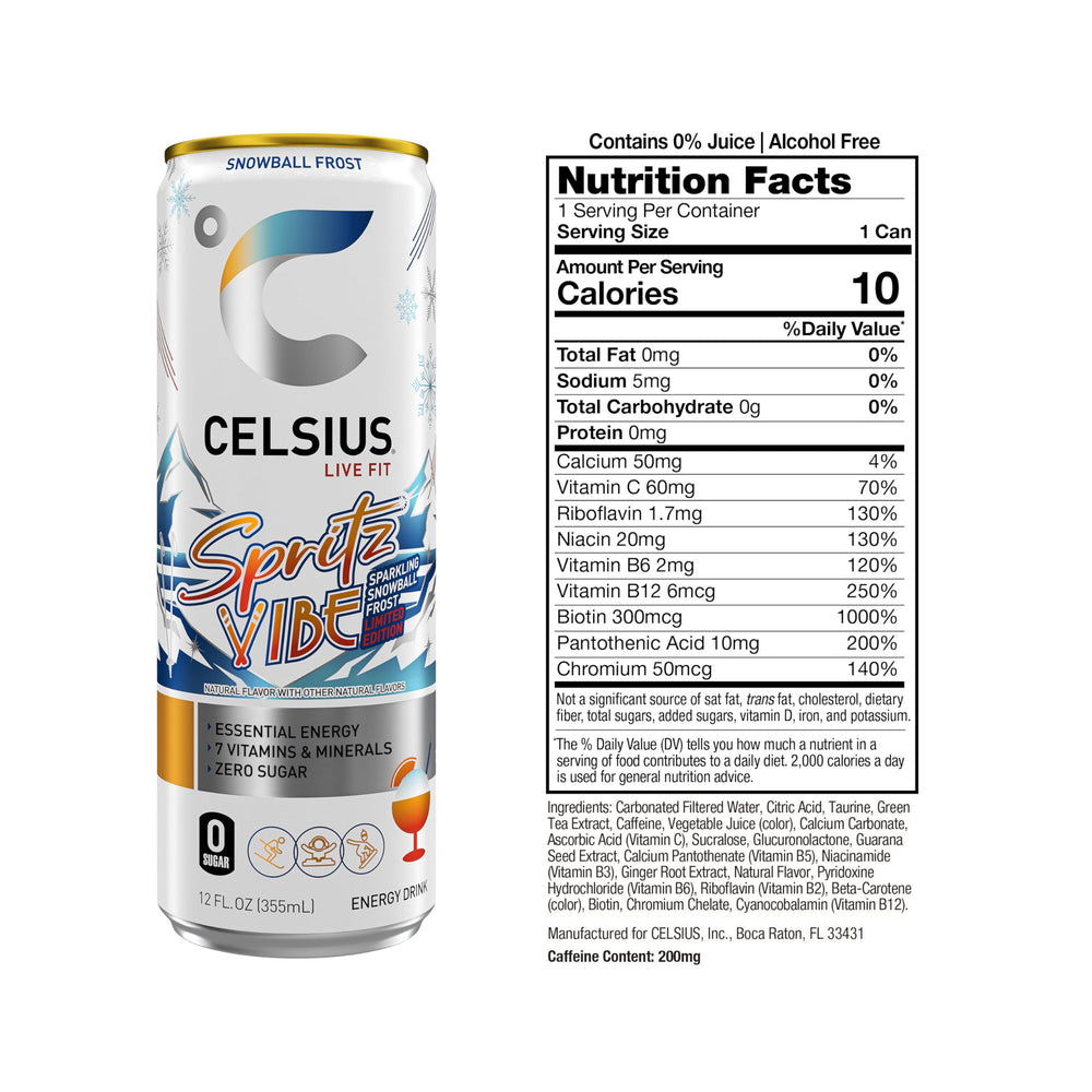 CELSIUS Sparkling Spritz Vibe back label, 200 mg caffeine for focus.