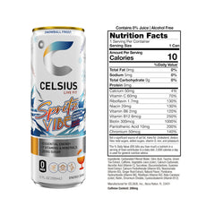 CELSIUS Sparkling Spritz Vibe back label, 200 mg caffeine for focus.