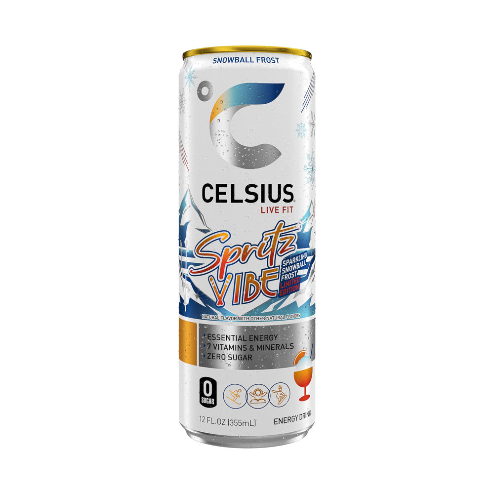 Winter scene with CELSIUS Sparkling Spritz Vibe evokes festive energy.