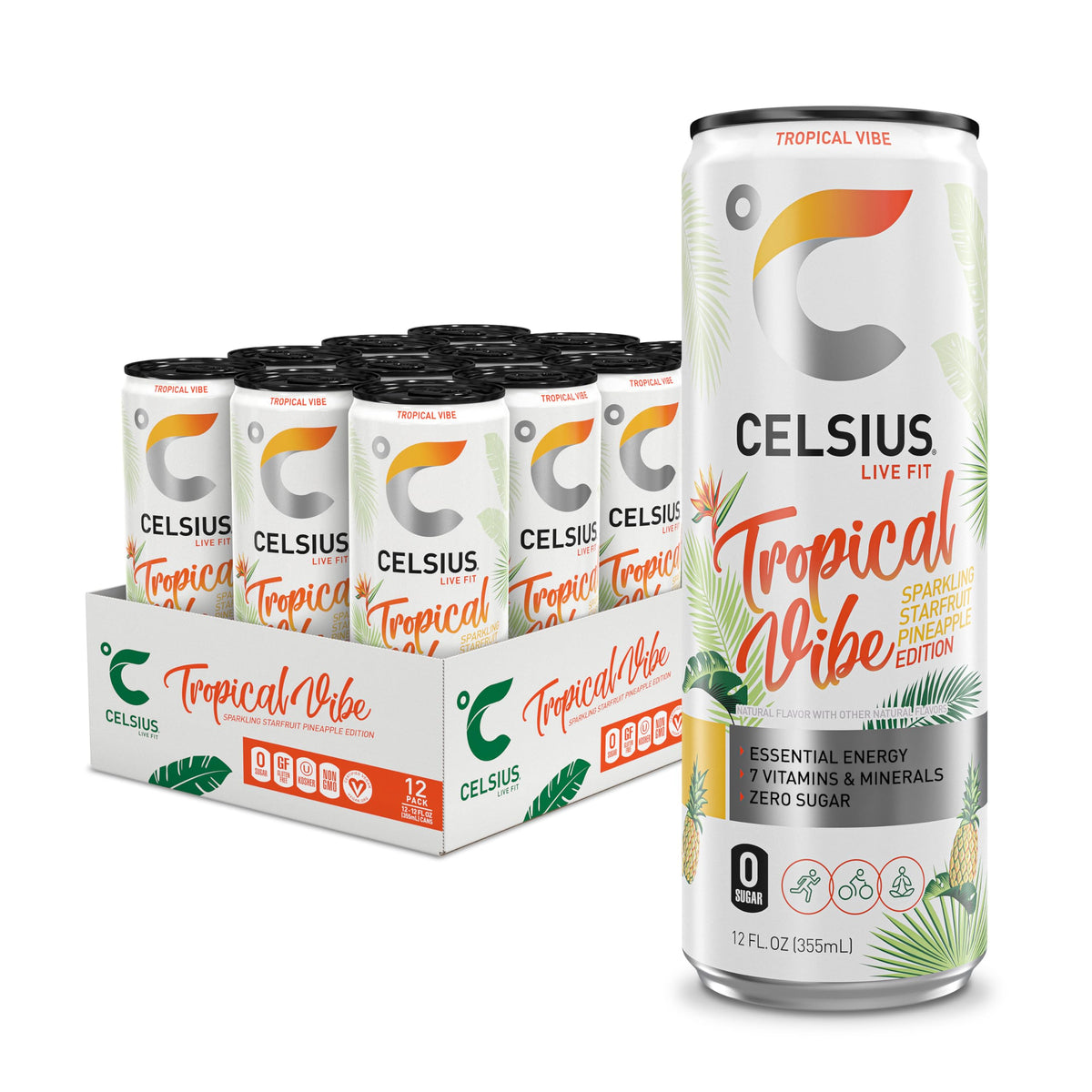Celsius Sparkling Tropical Vibe front view can showing vibrant tropical flavor and energy appeal