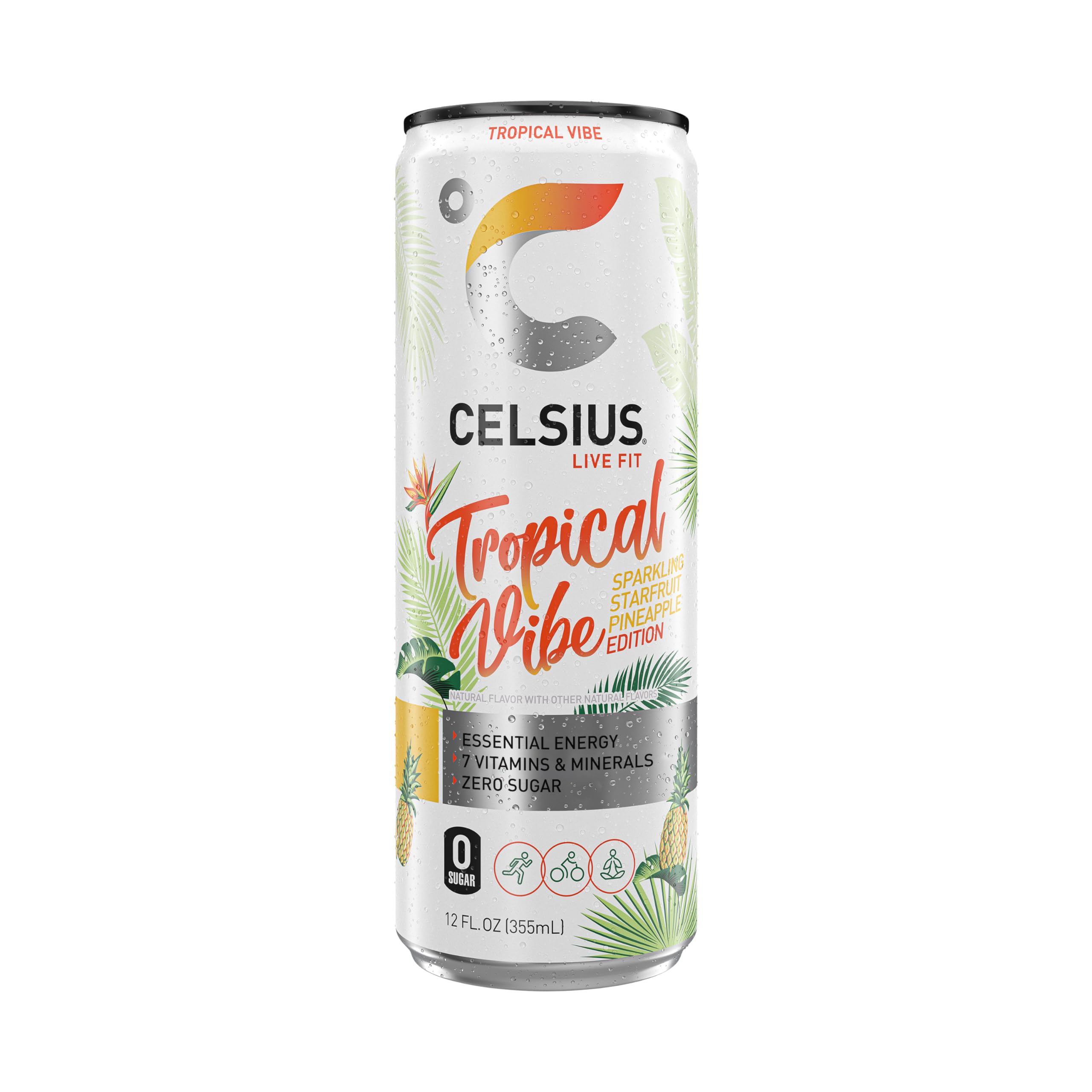 Celsius Sparkling Tropical Vibe pack-shot highlighting zero sugar and premium ingredients