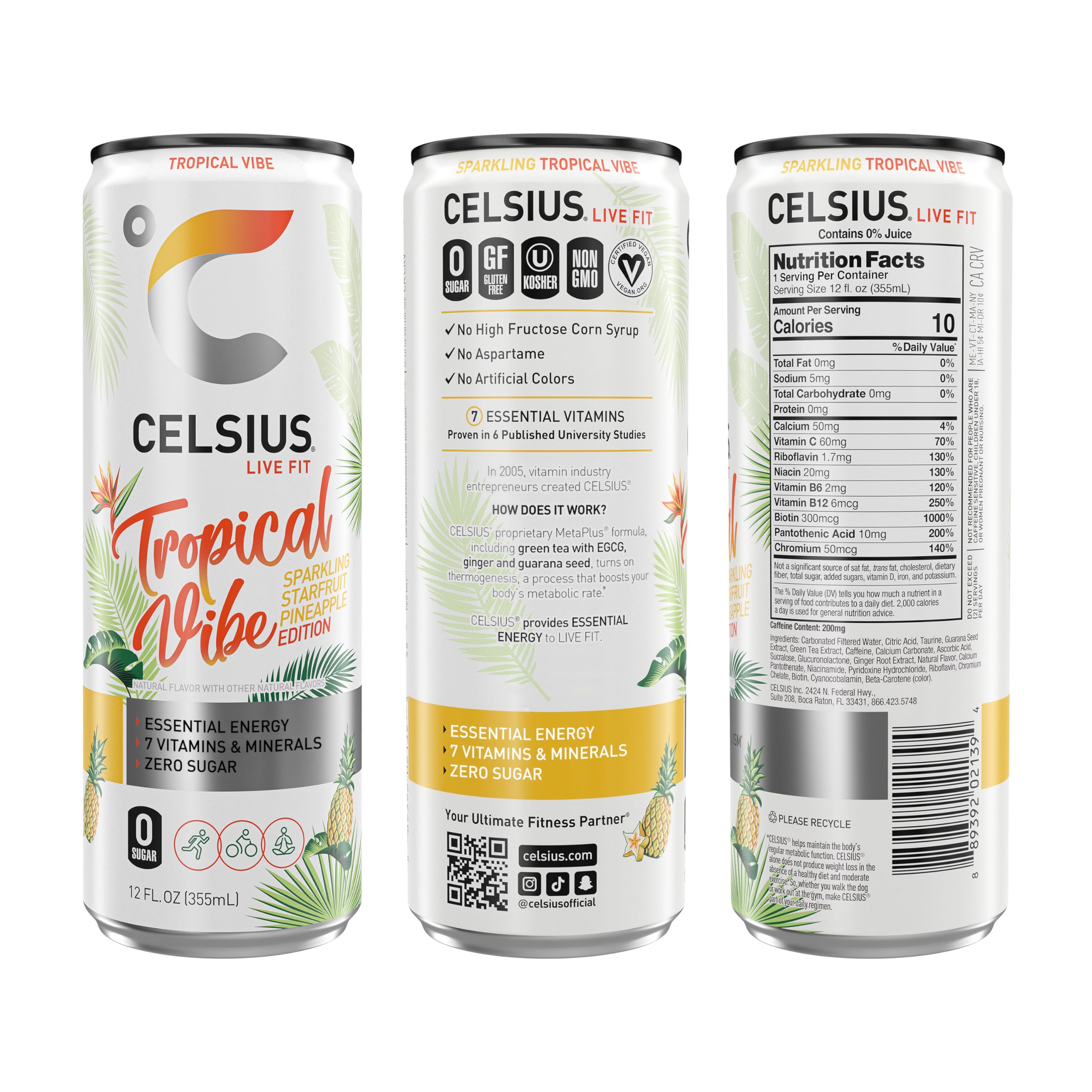 Celsius Sparkling Tropical Vibe can with tropical scene evoking vacation mood during workouts