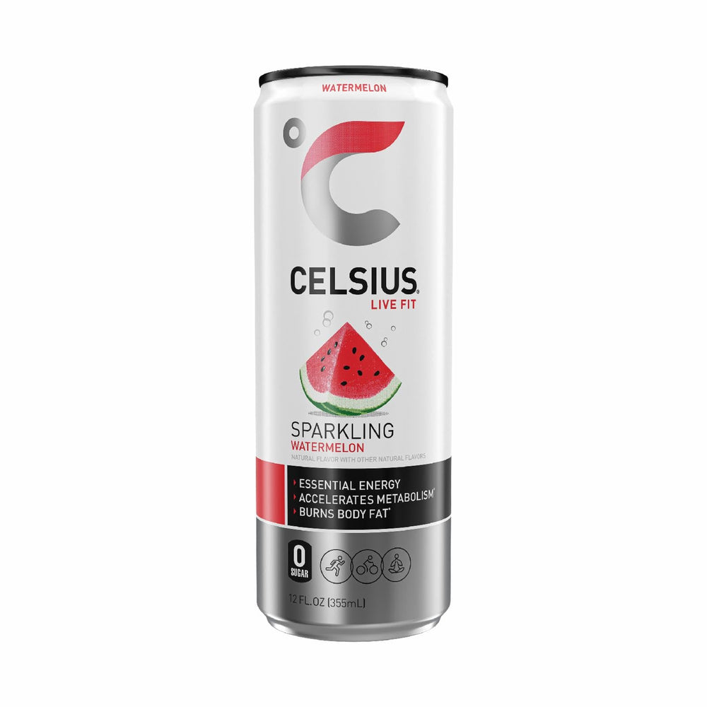 CELSIUS sparkling watermelon can, front view, a refreshing on-the-go energy boost.