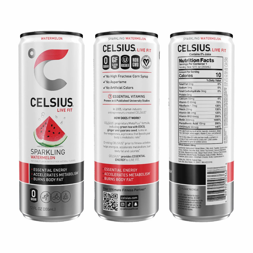 CELSIUS sparkling watermelon can, side view, compact fitness companion.
