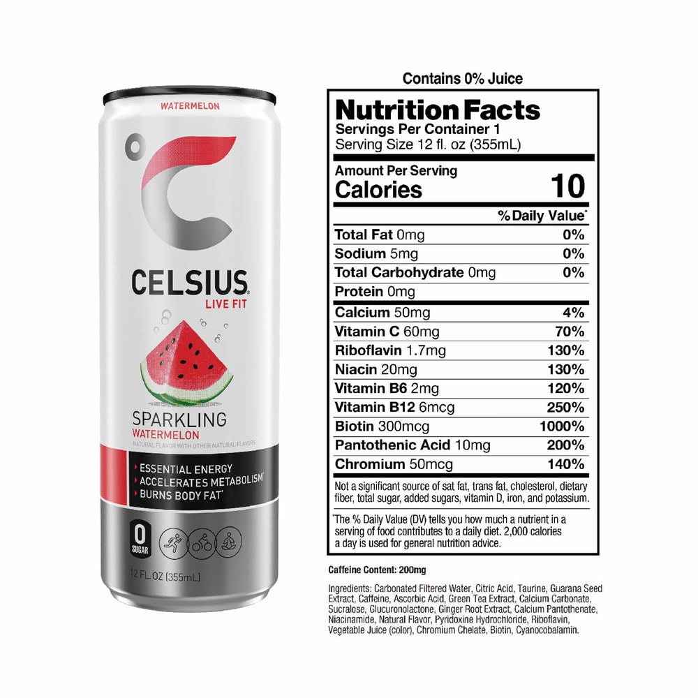 CELSIUS sparkling watermelon pour into glass, crisp flavor for workouts.