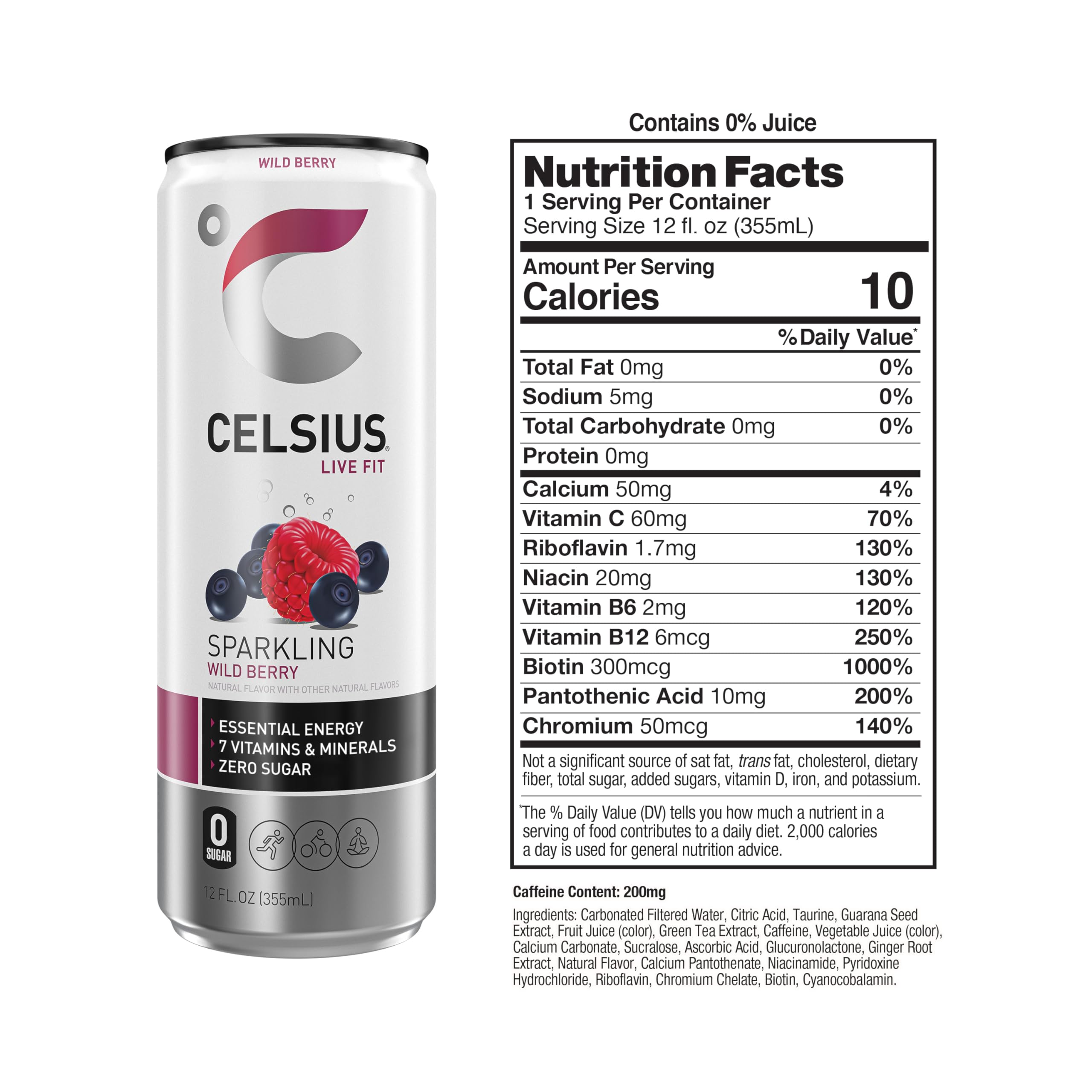 Celsius Sparkling Wild Berry can angled view highlights clean label and no artificial colors.