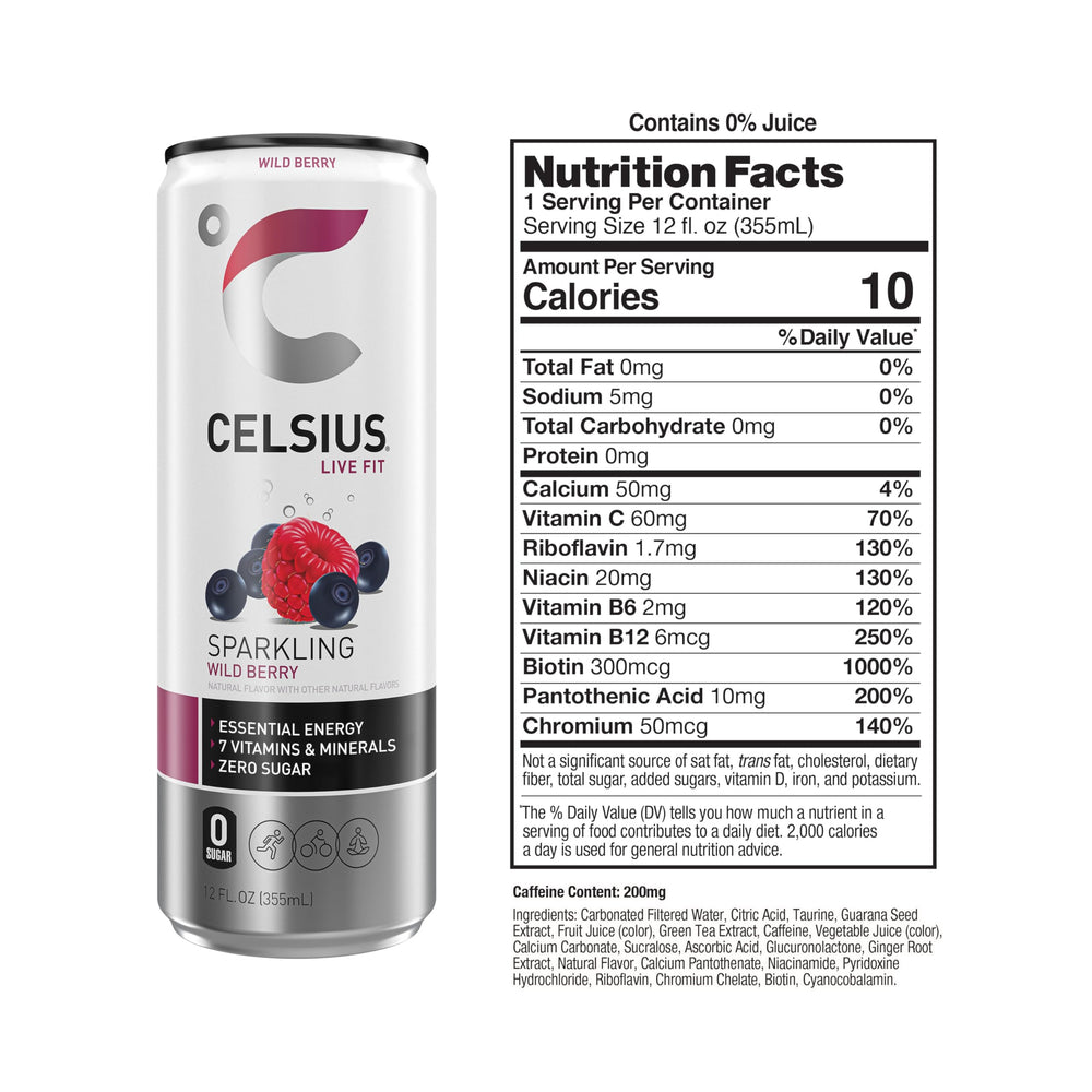 Celsius Sparkling Wild Berry can angled view highlights clean label and no artificial colors.