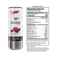 Celsius Sparkling Wild Berry can angled view highlights clean label and no artificial colors.