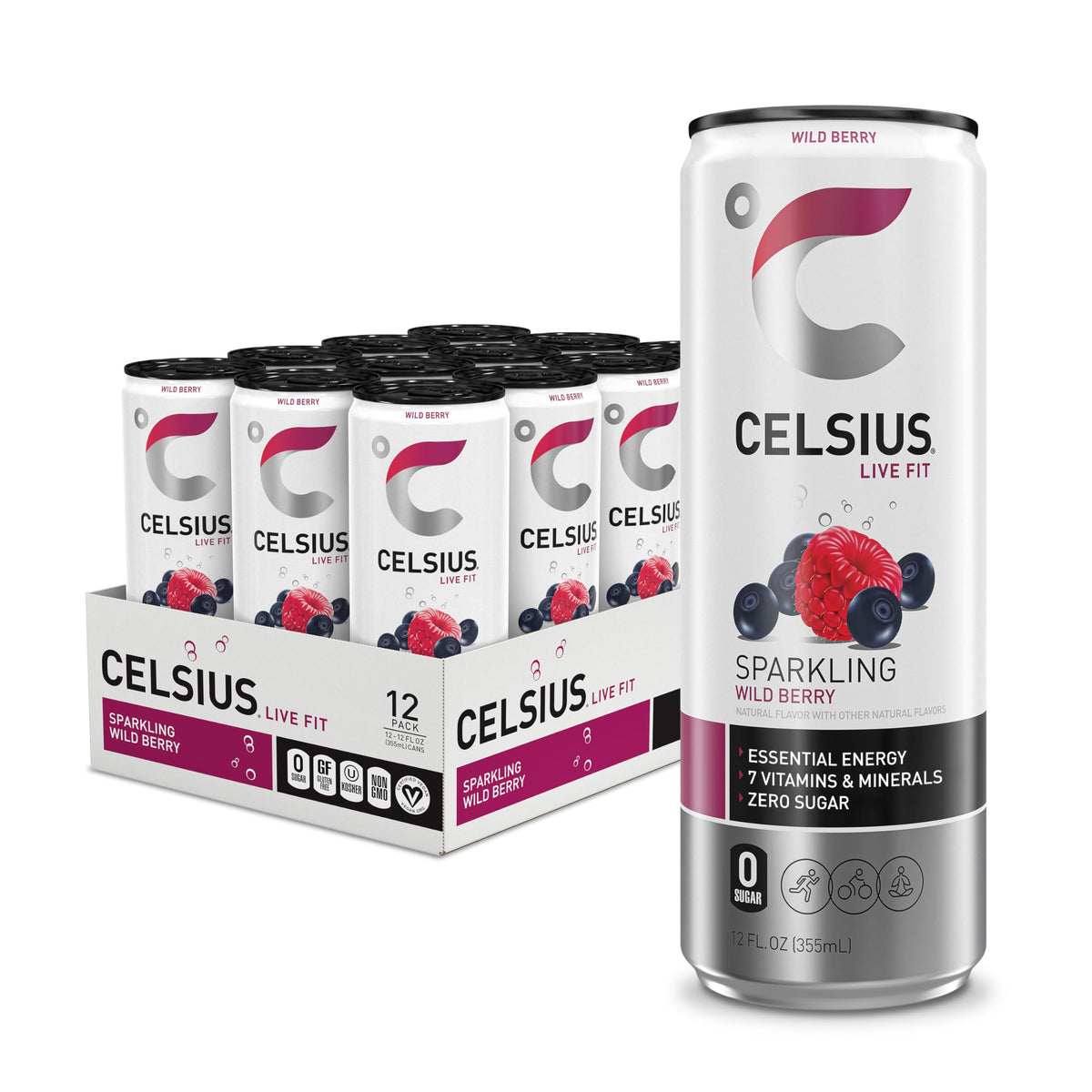 Celsius Sparkling Wild Berry can front showing berry aroma and zero sugar option.