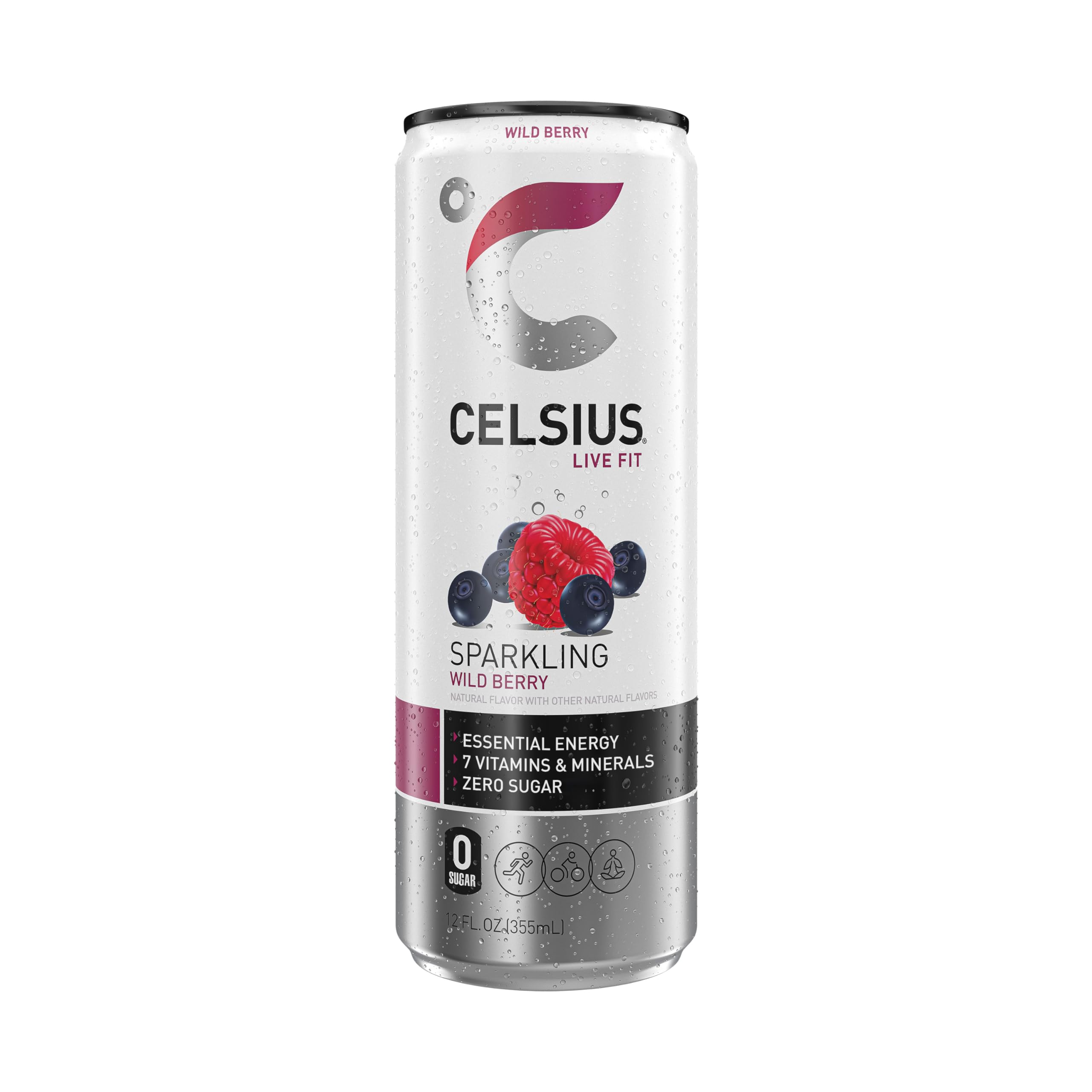 Celsius Sparkling Wild Berry ingredients panel emphasizing MetaPlus blend.