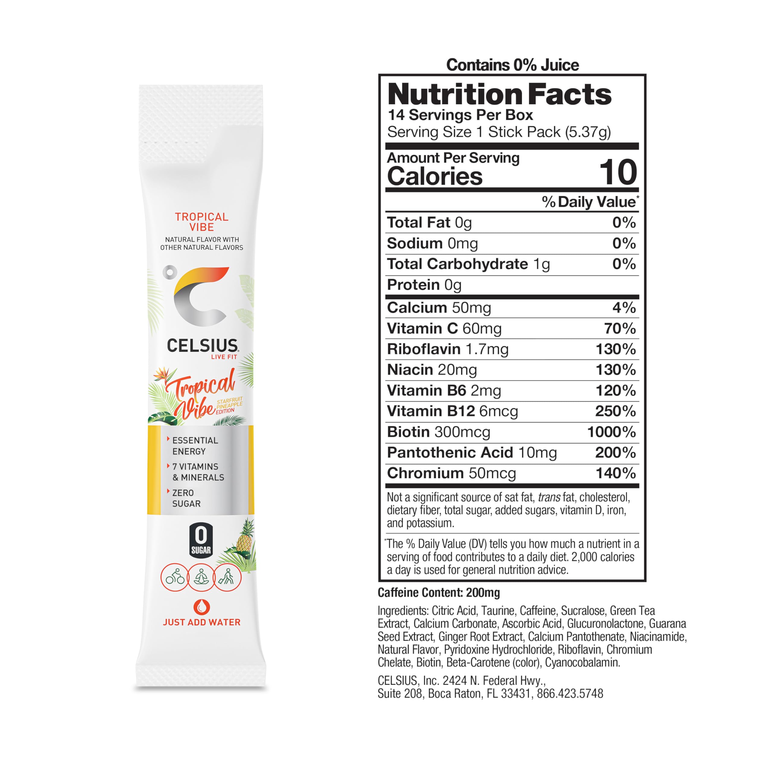 CELSIUS Tropical Vibe OTG with green tea extract for steady energy.