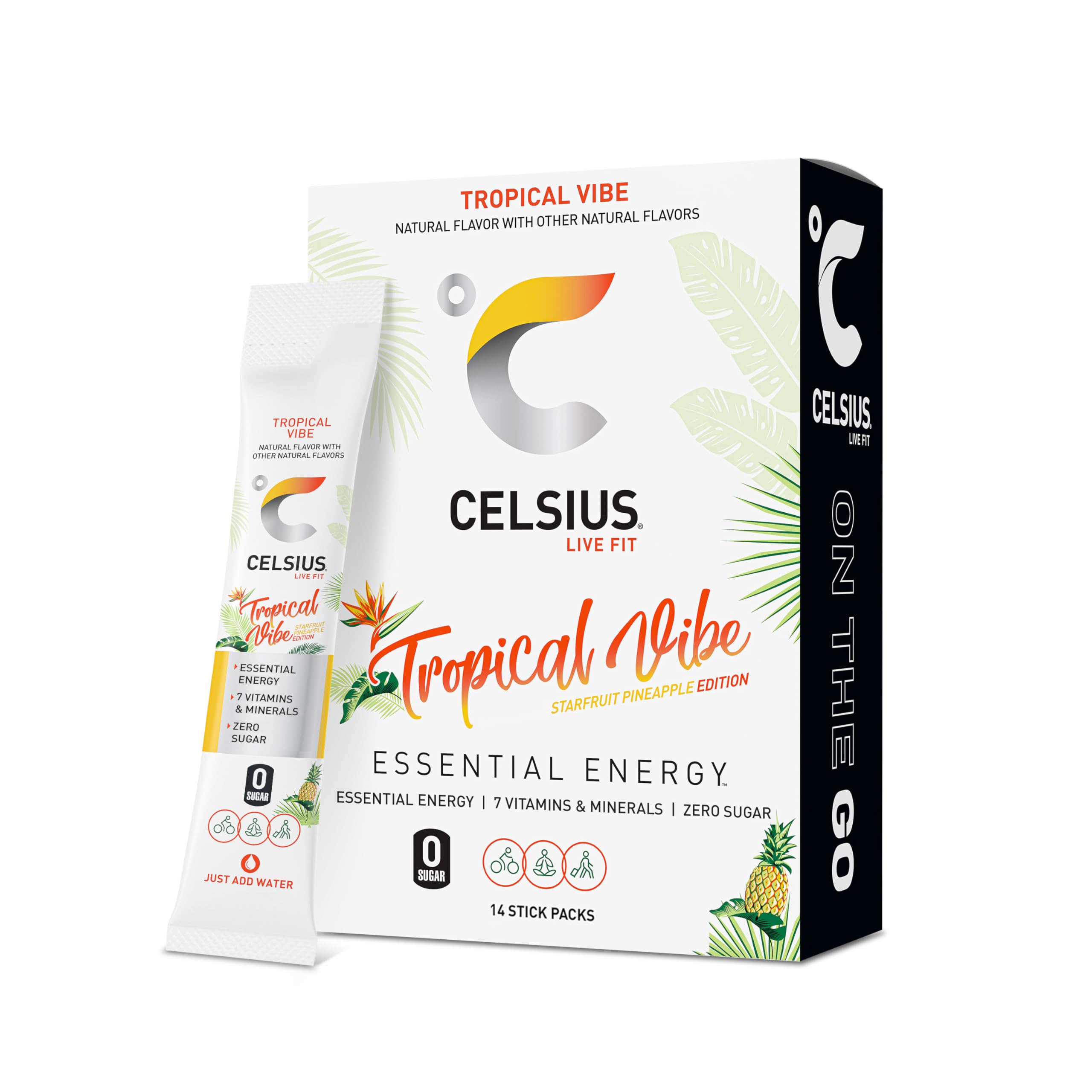 CELSIUS Tropical Vibe OTG powder stick on-pack for convenient energy.