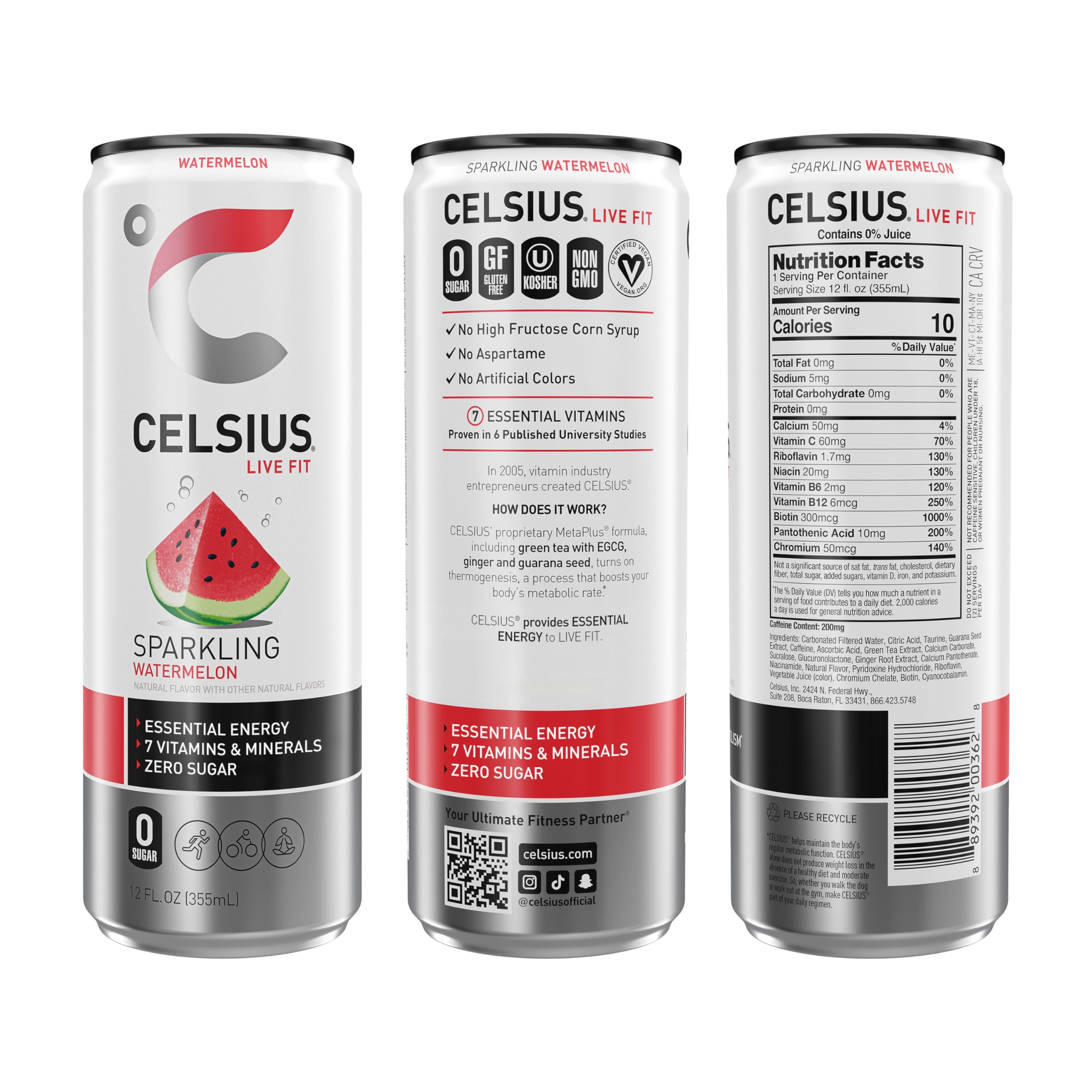 CELSIUS Watermelon pack of 12 cans for convenient on-the-go energy.