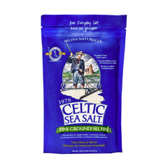 Celtic Sea Salt fine ground 8oz bag close-up for precise seasoning.