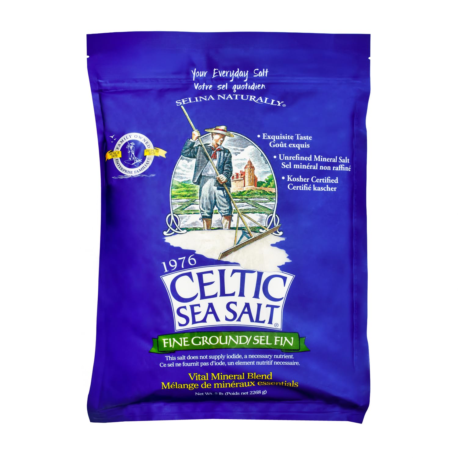 Celtic Sea Salt fine ground in a resealable bag for everyday seasoning.