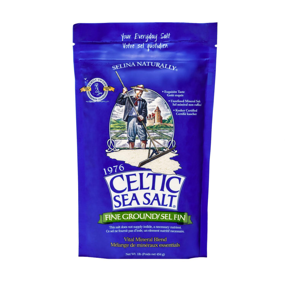 Celtic Sea Salt fine ground bottle highlights unrefined mineral flavor for everyday cooking.