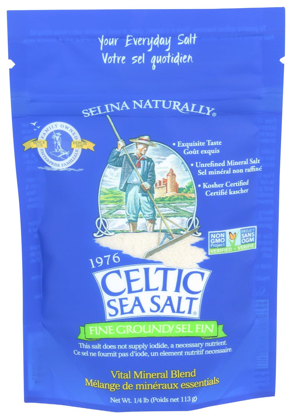 Celtic Sea Salt fine-ground quarter-pound bag showing texture for daily seasoning.