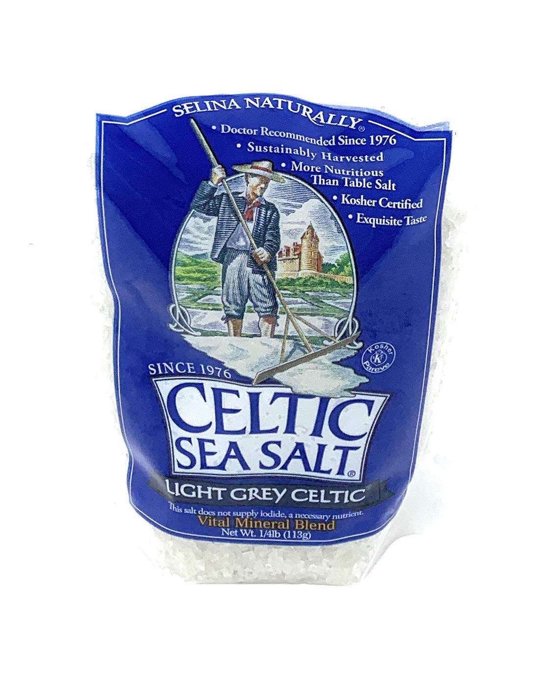 Celtic Sea Salt Light Grey coarse salt crystals in a bottle for everyday seasoning.
