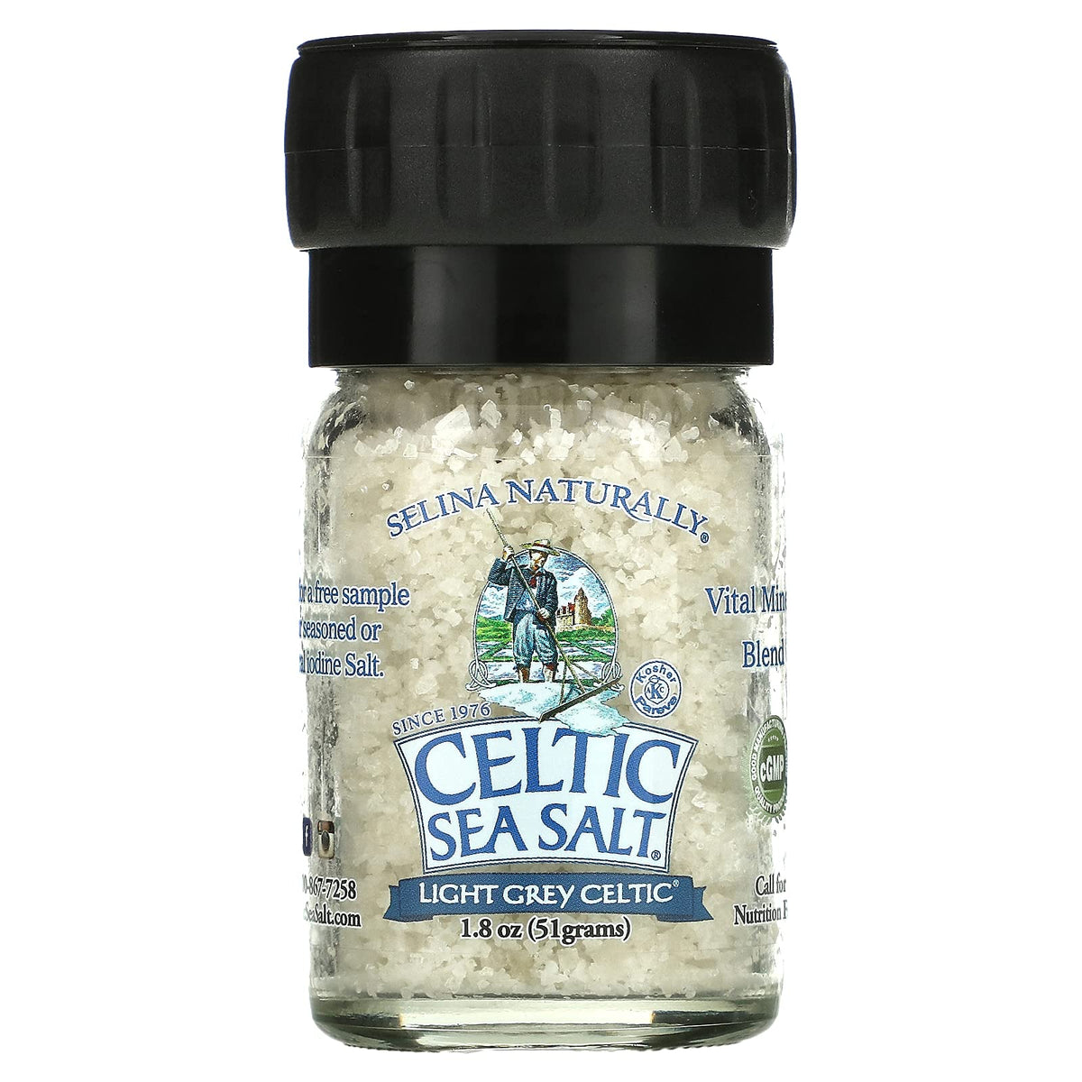 Celtic Sea Salt Light Grey mini grinder ready for on-the-go seasoning and tableside use.