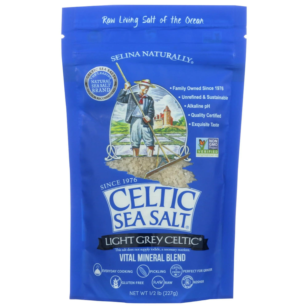 Celtic Sea Salt Light Grey Pouch 8oz close-up for finishing dishes
