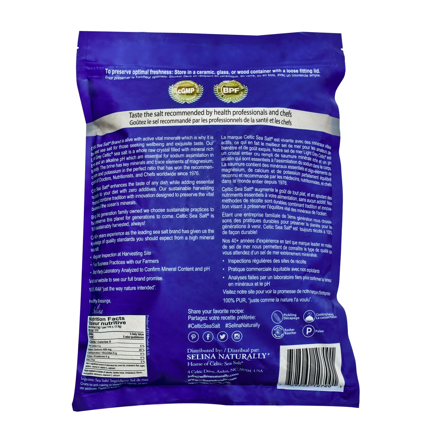 Celtic Sea Salt mineral-rich crystals emphasize a broad trace mineral profile.