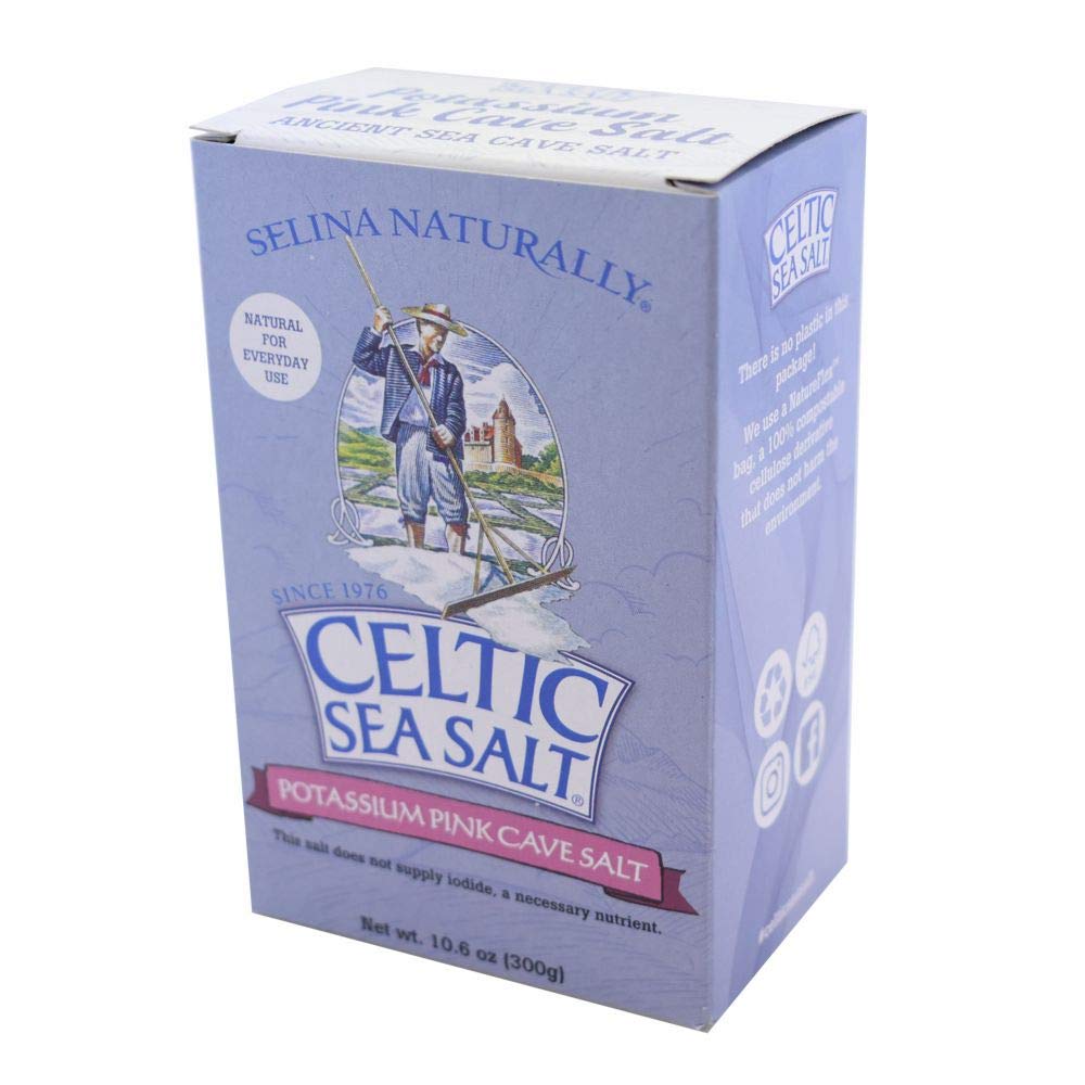Celtic Sea Salt Pink Potassium Cave Salt packaging highlighting natural unrefined origin.