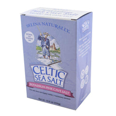 Celtic Sea Salt Pink Potassium Cave Salt packaging highlighting natural unrefined origin.