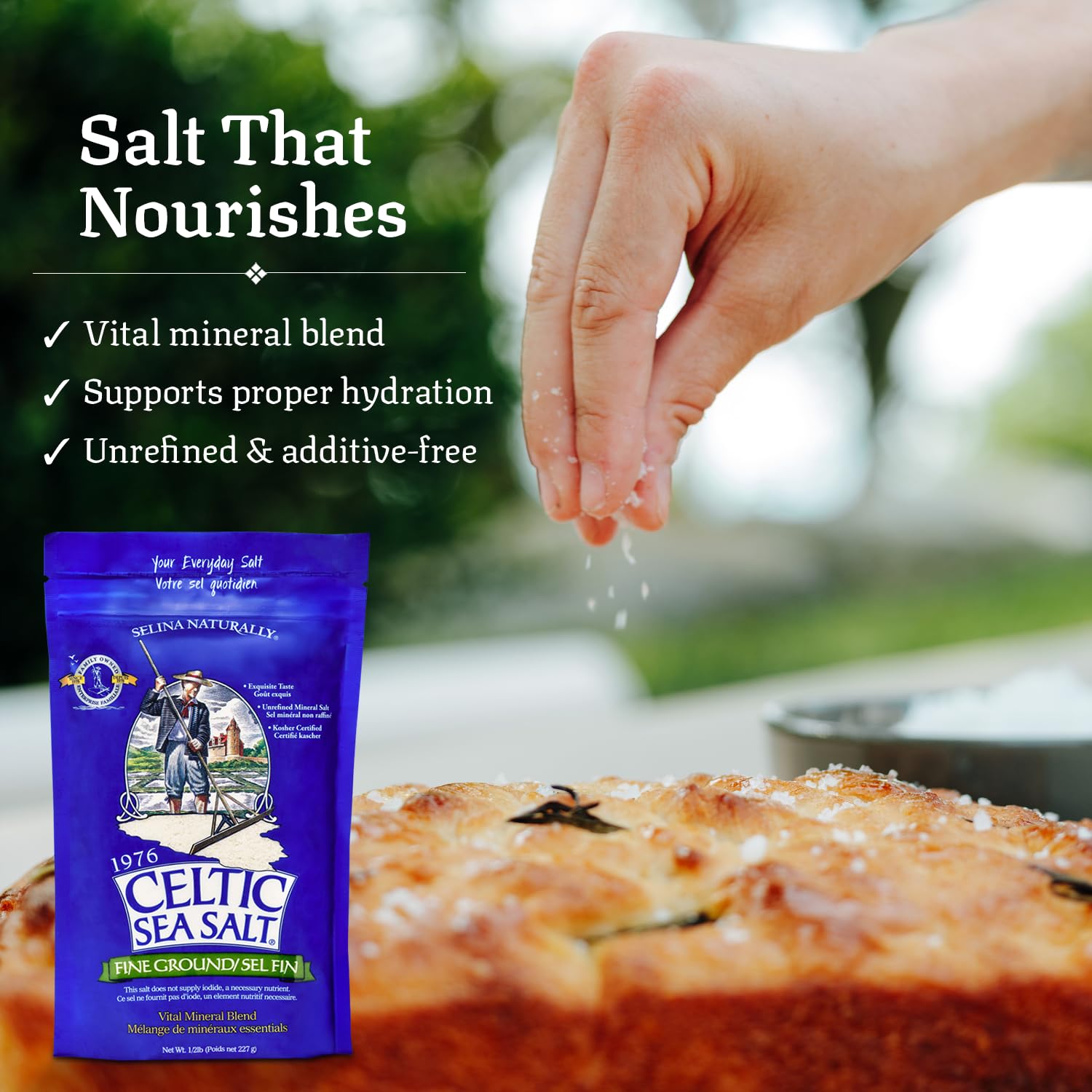 Pouring Celtic Sea Salt fine ground onto a dish to show easy dispersion.