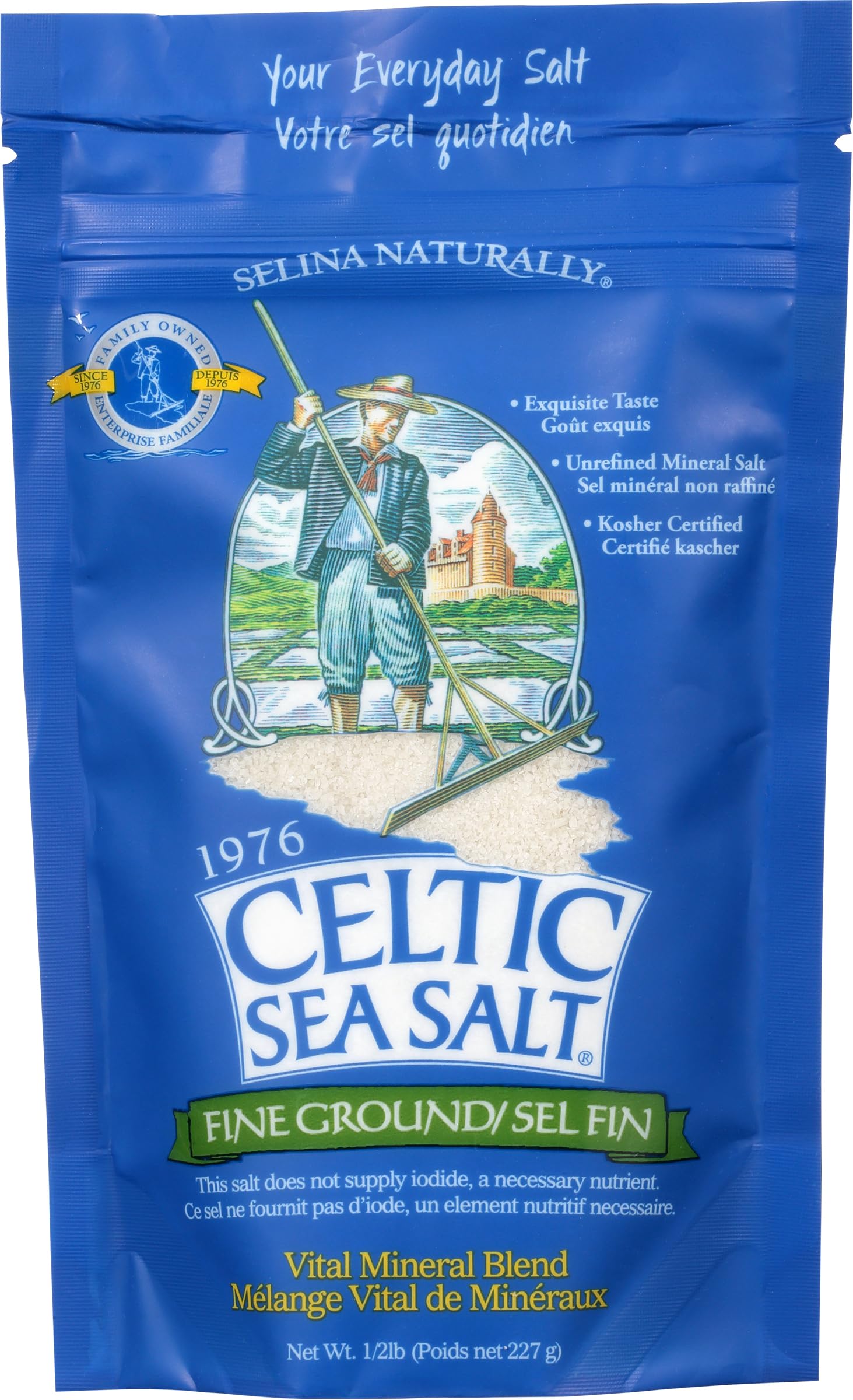 Celtic Sea Salt resealable bag on counter for freshness and convenience.
