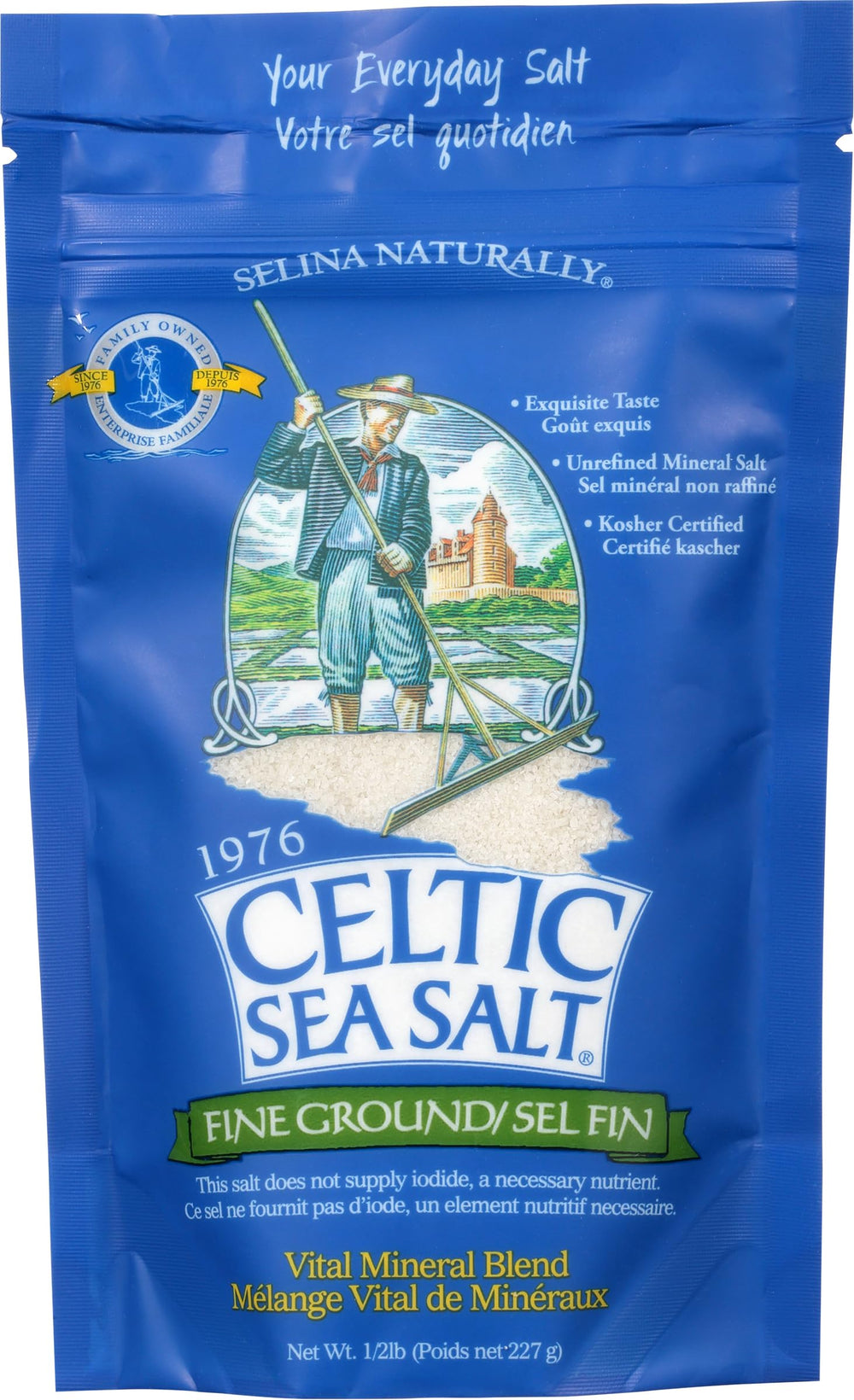 Celtic Sea Salt resealable bag on counter for freshness and convenience.