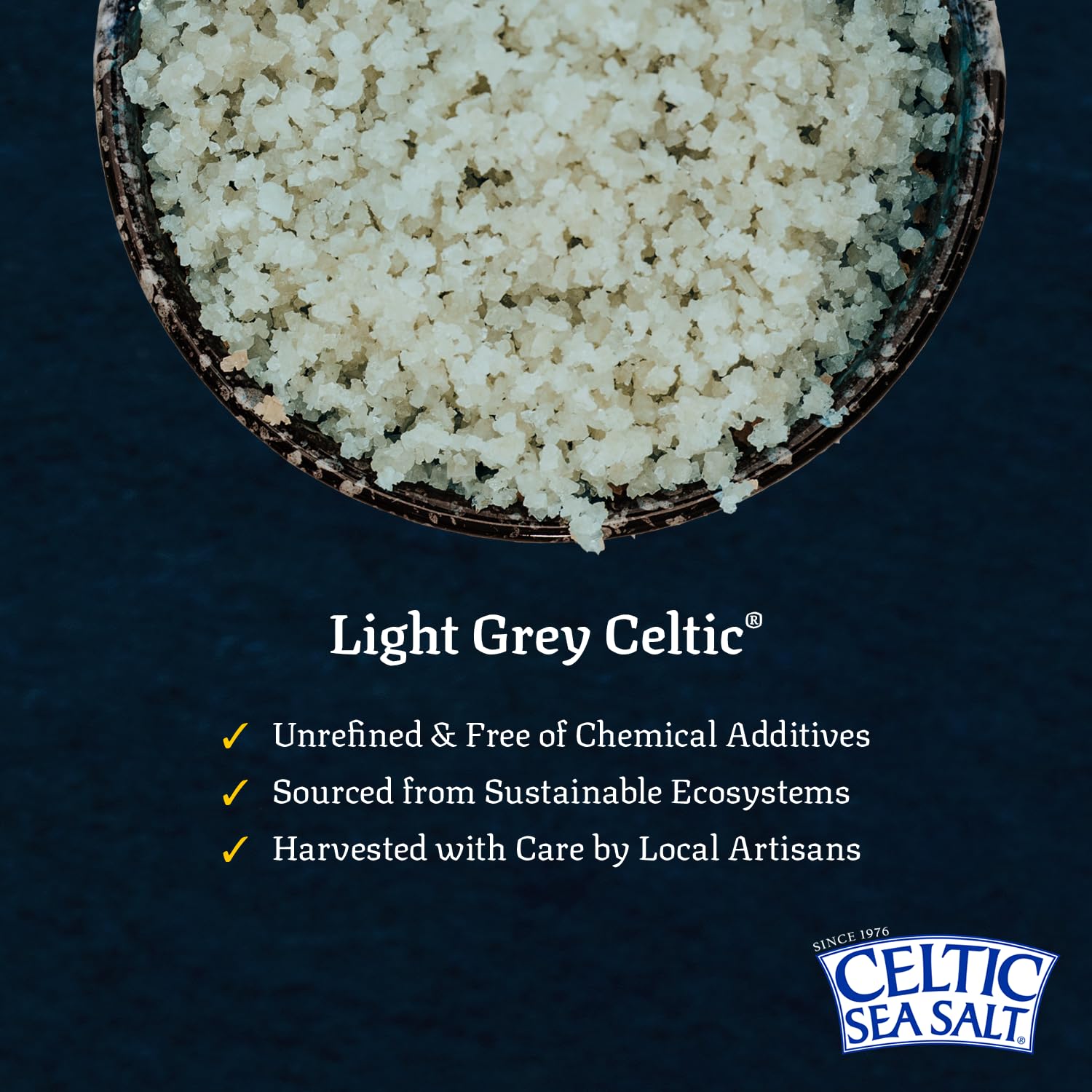 Celtic Sea Salt sun-dried process highlights unrefined purity.
