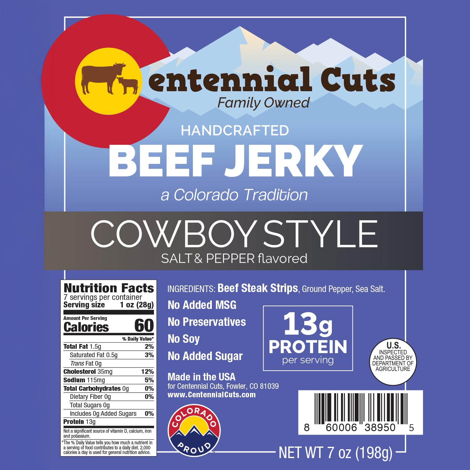 Centennial Cuts Beef Jerky bag side view, portable trail snack choice