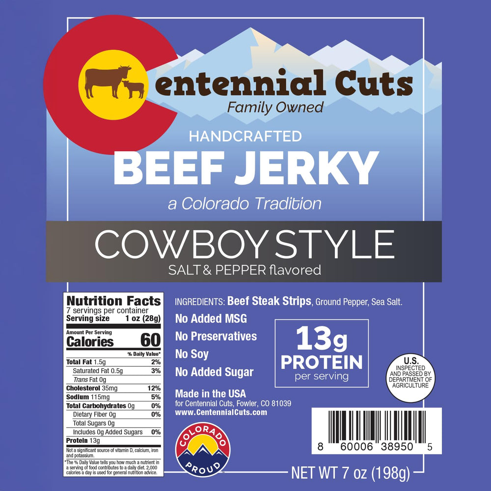 Centennial Cuts Beef Jerky bag side view, portable trail snack choice