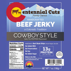 Centennial Cuts Beef Jerky bag side view, portable trail snack choice