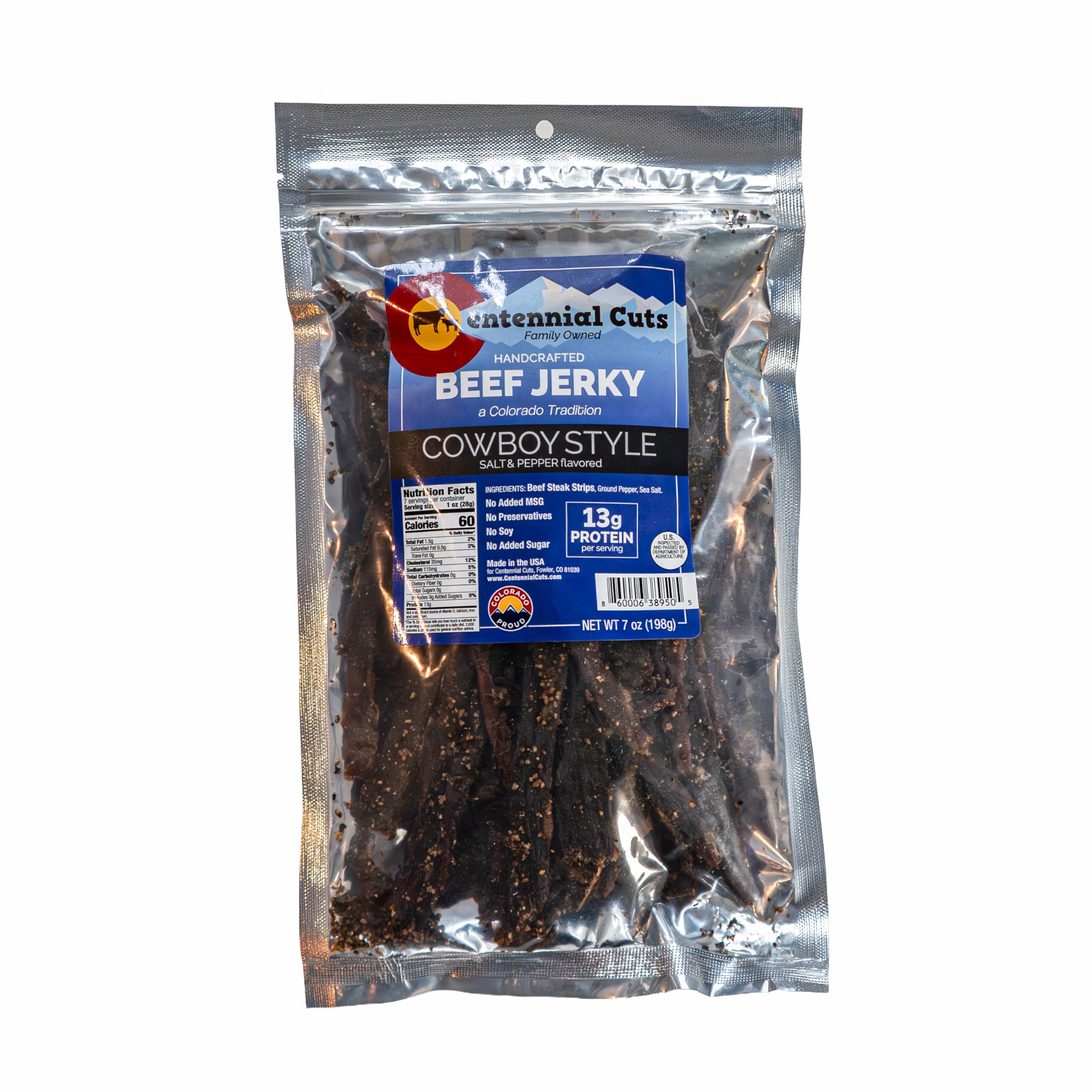 Centennial Cuts Beef Jerky Cowboy Style pack front view, ideal on-the-go protein snack