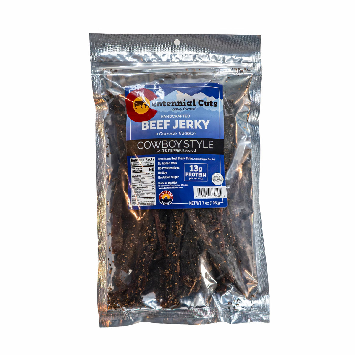 Centennial Cuts Beef Jerky Cowboy Style pack front view, ideal on-the-go protein snack