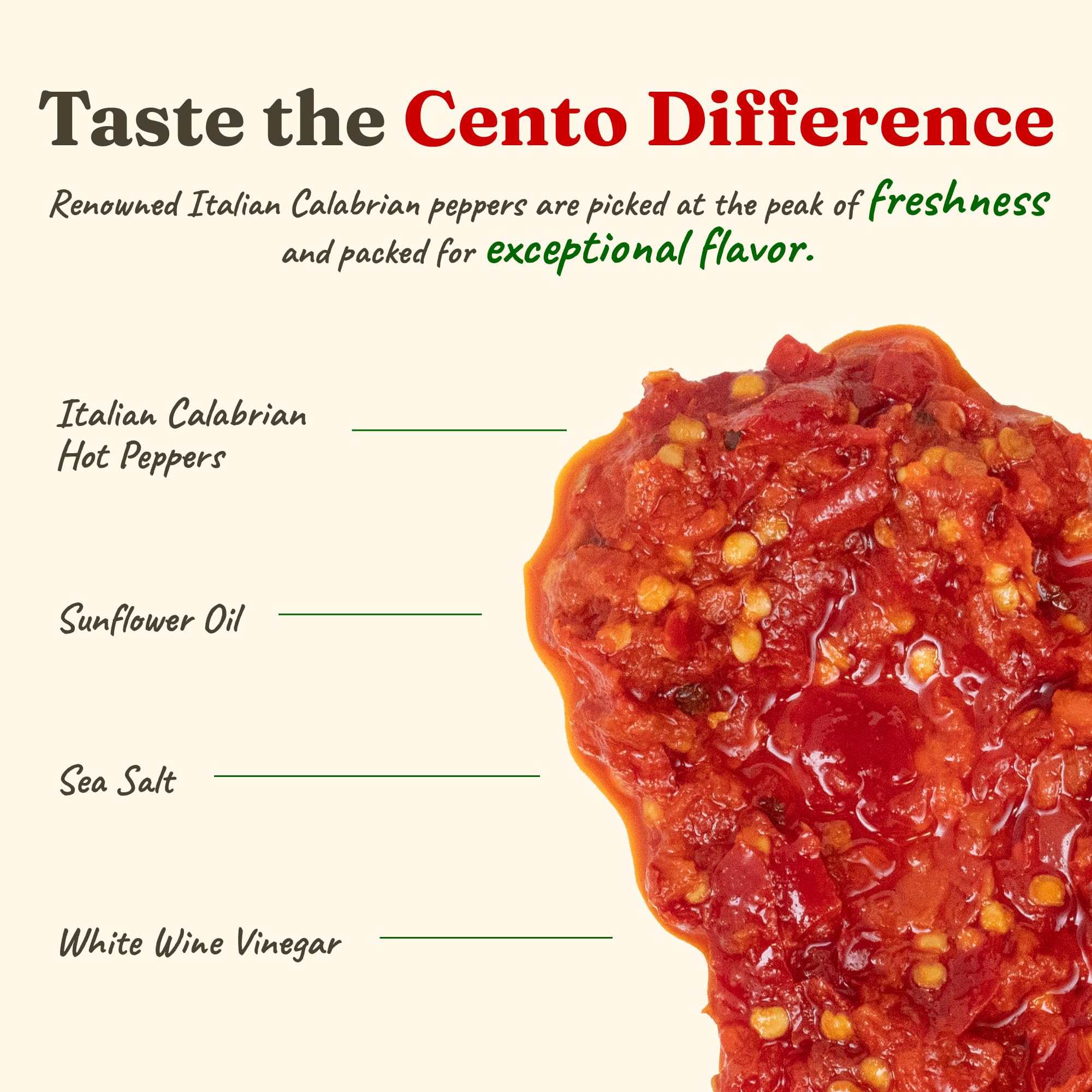 Close-up of Calabrian peppers in Cento spread for intense heat and aroma.