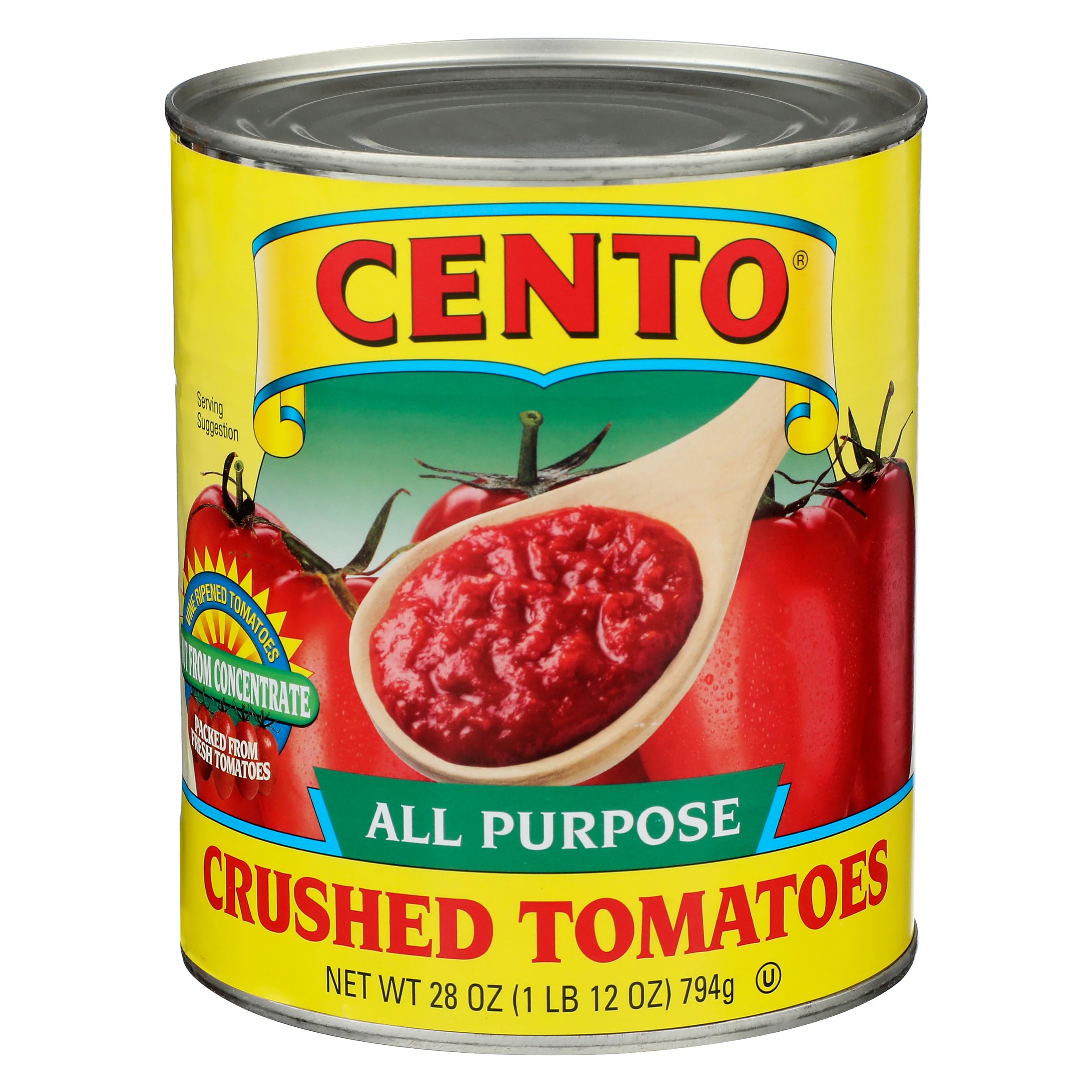 Cento Crushed Tomatoes 28oz can label shows non-concentrate quality for rich sauces.